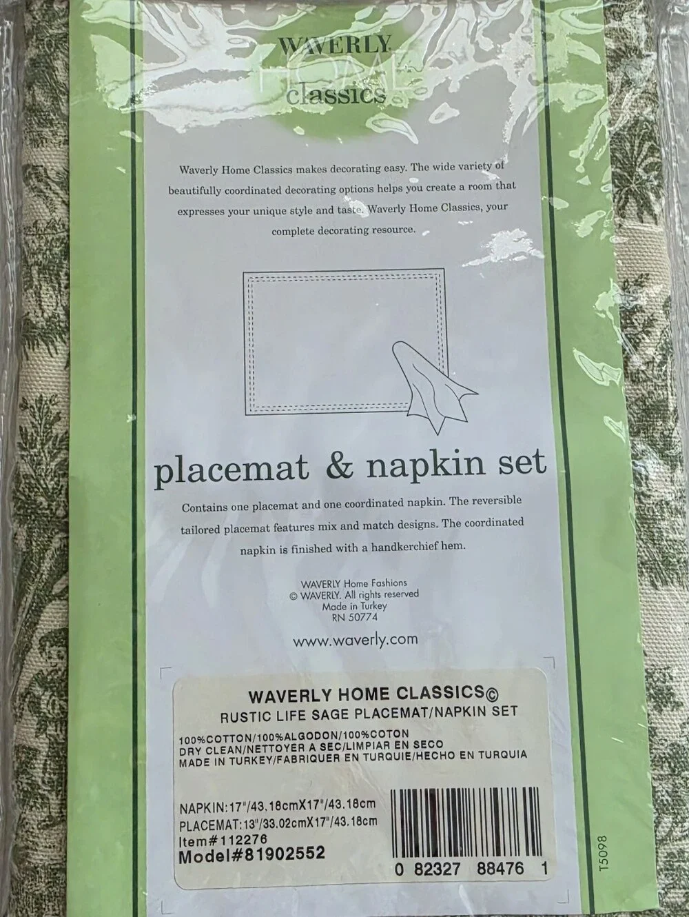 Waverly Home Classics Rustic Life Sage Toile Placemat & Napkin Set NIP 6 Sets